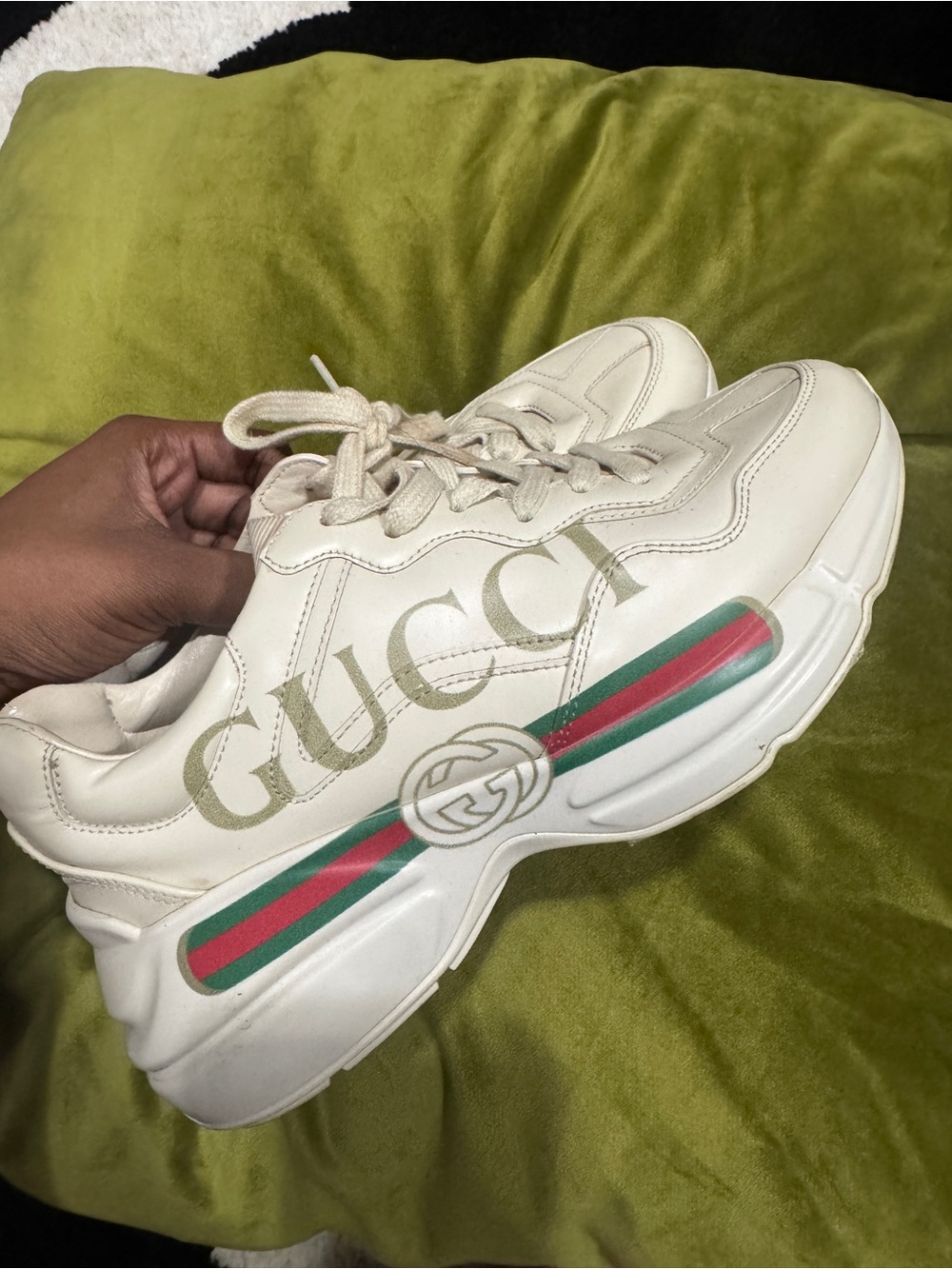 Gucci Cream Leather Rhyton Sneaker with Red & Green Stripe